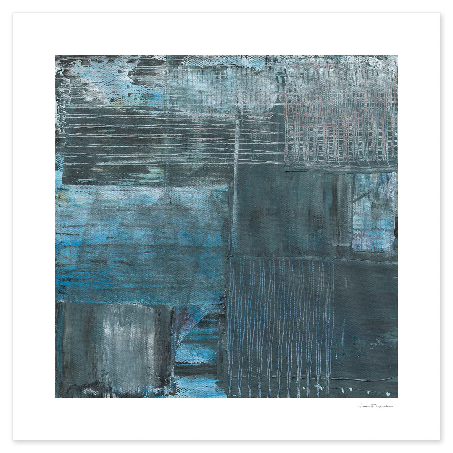 Abstract art piece with blue and gray tones on a white background