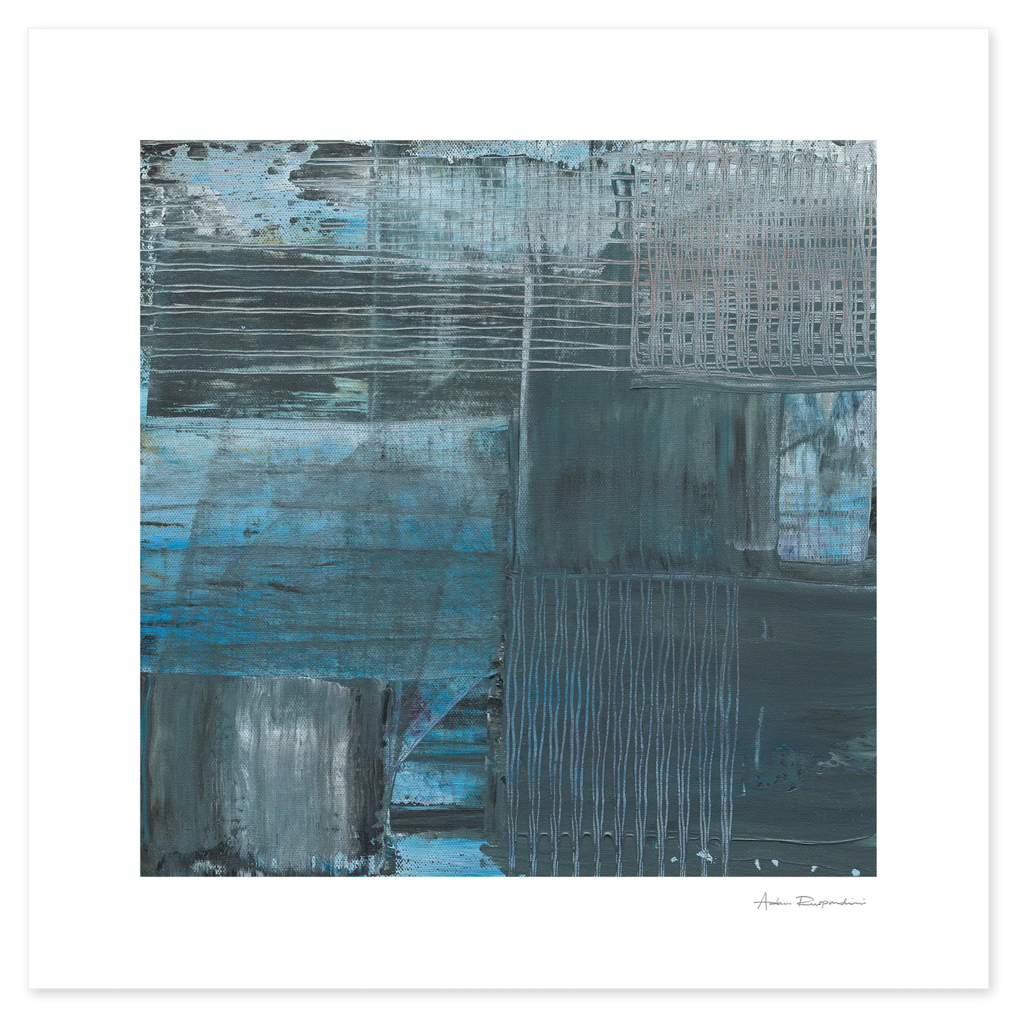 Abstract art piece with blue and gray tones on a white background