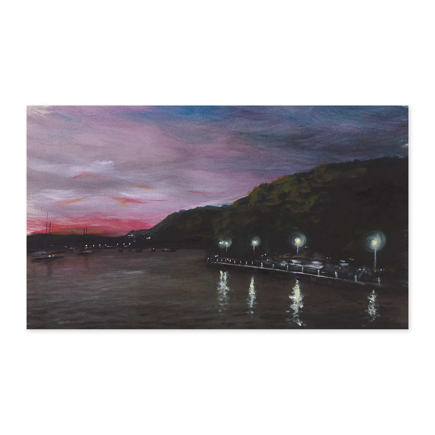 Evening scene with a dock and lights reflecting on water, pink and purple sky.