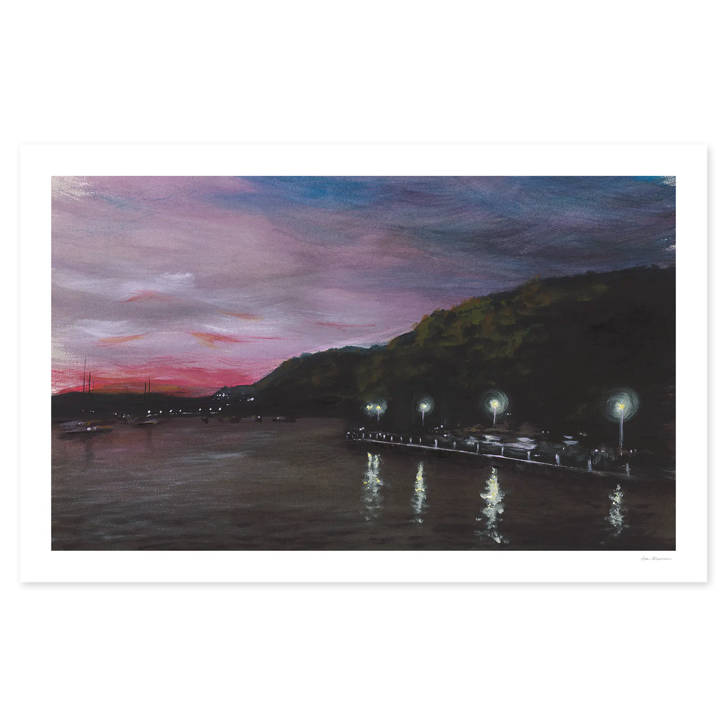 Evening scene with a dock and colorful sky