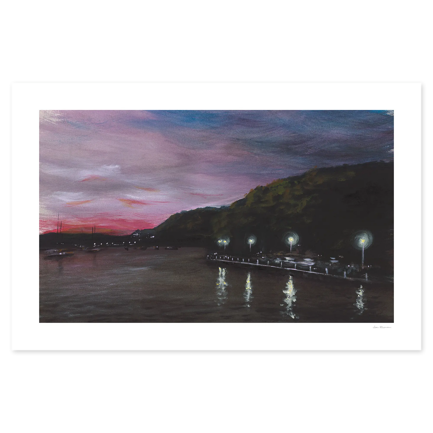 Evening scene with a pier and colorful sky