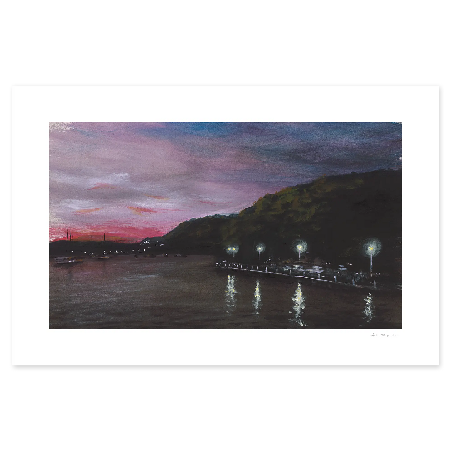 Evening scene with a dock and mountain, illuminated by lights against a pink and purple sky.