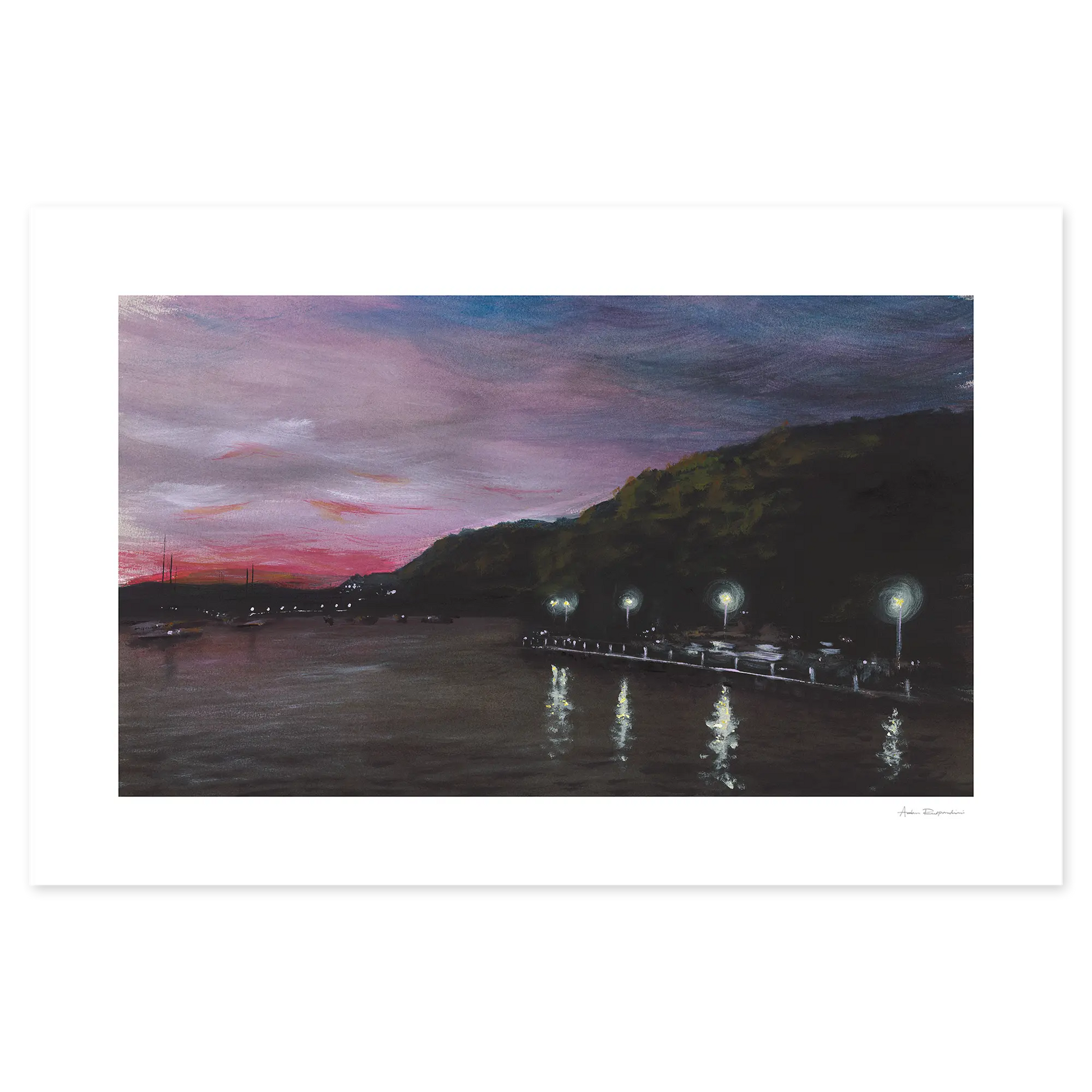 Evening scene with a dock and mountain, illuminated by lights against a pink and purple sky.