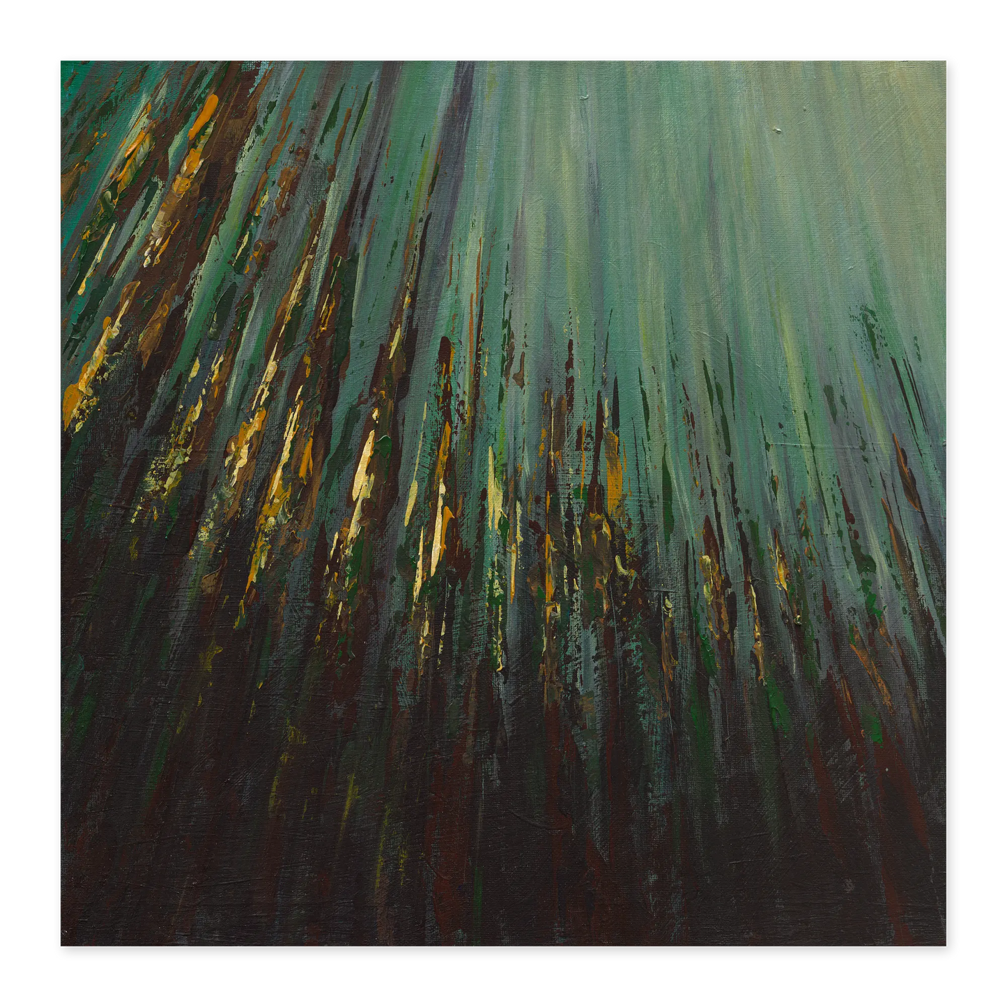 Abstract painting with vertical brush strokes in green, brown, and black.