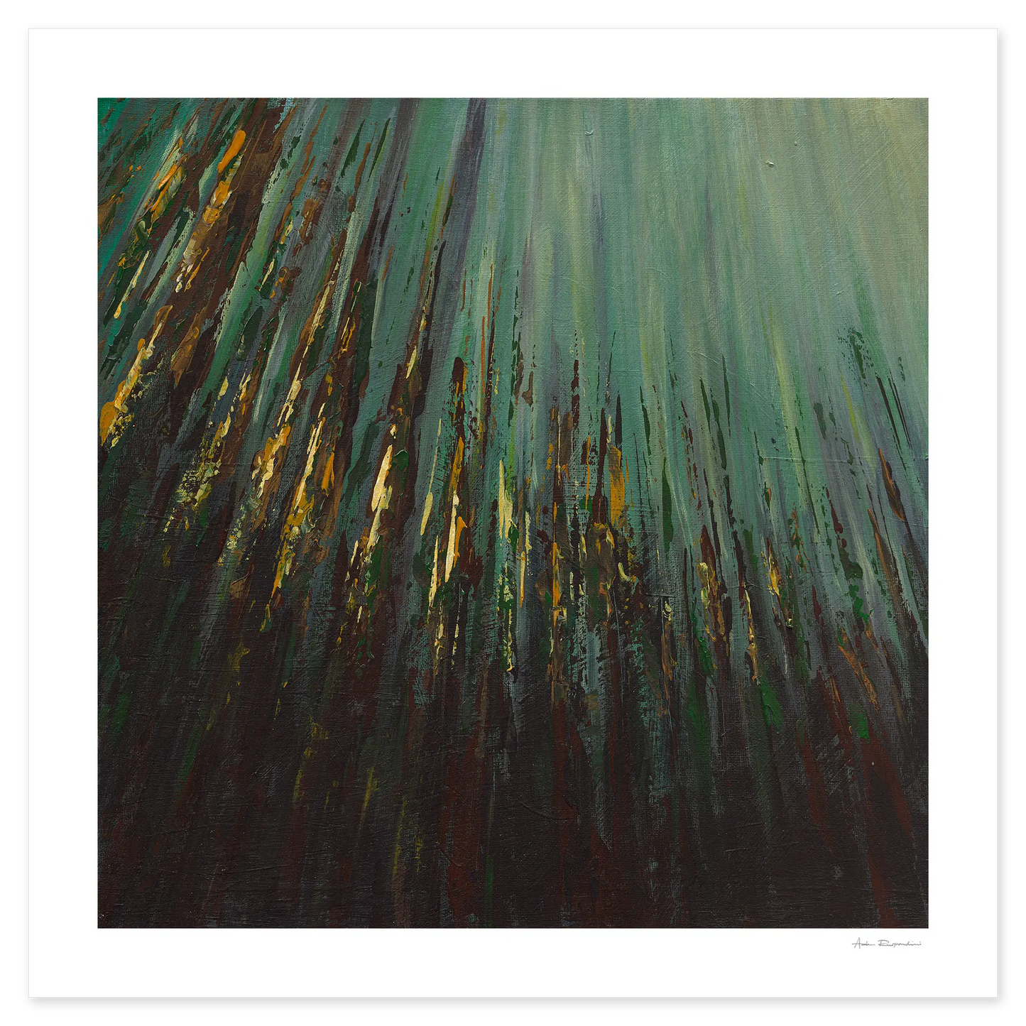 Abstract painting with vertical brush strokes in green, brown, and black.
