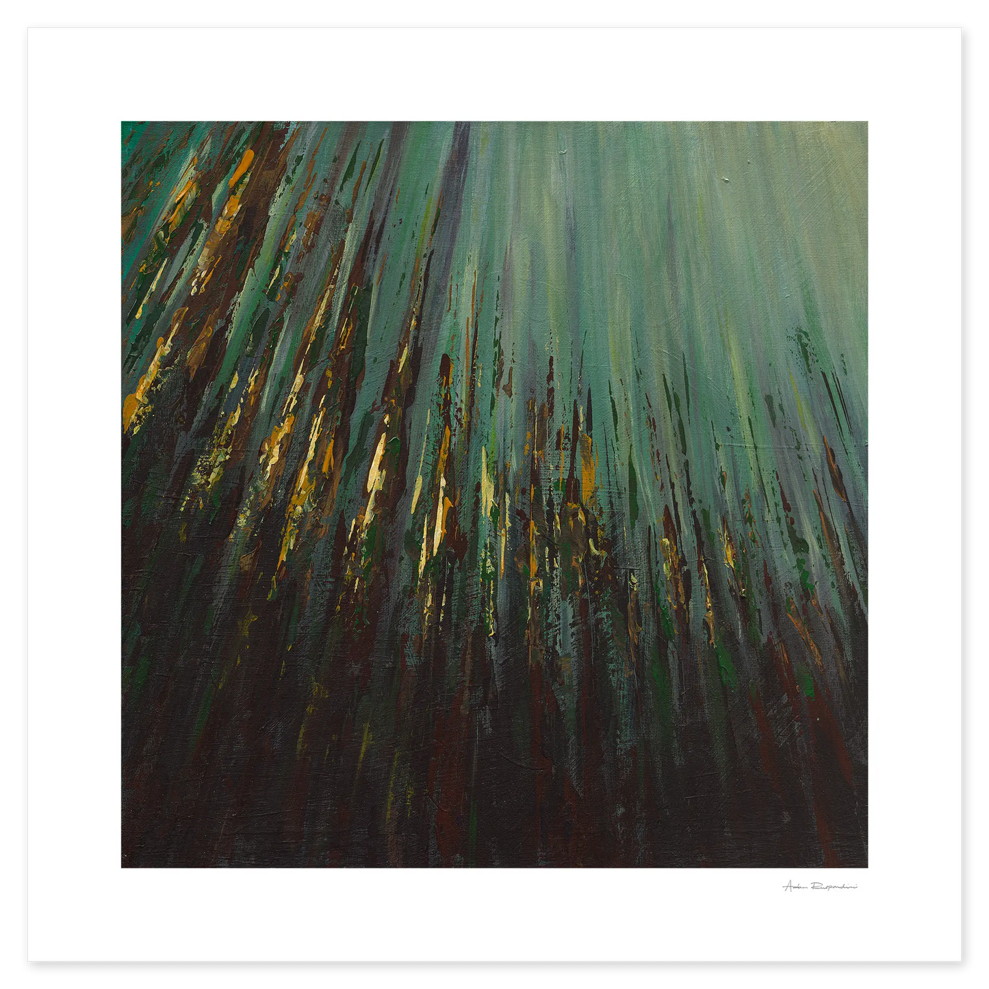 Abstract art with green and gold brush strokes on a white background