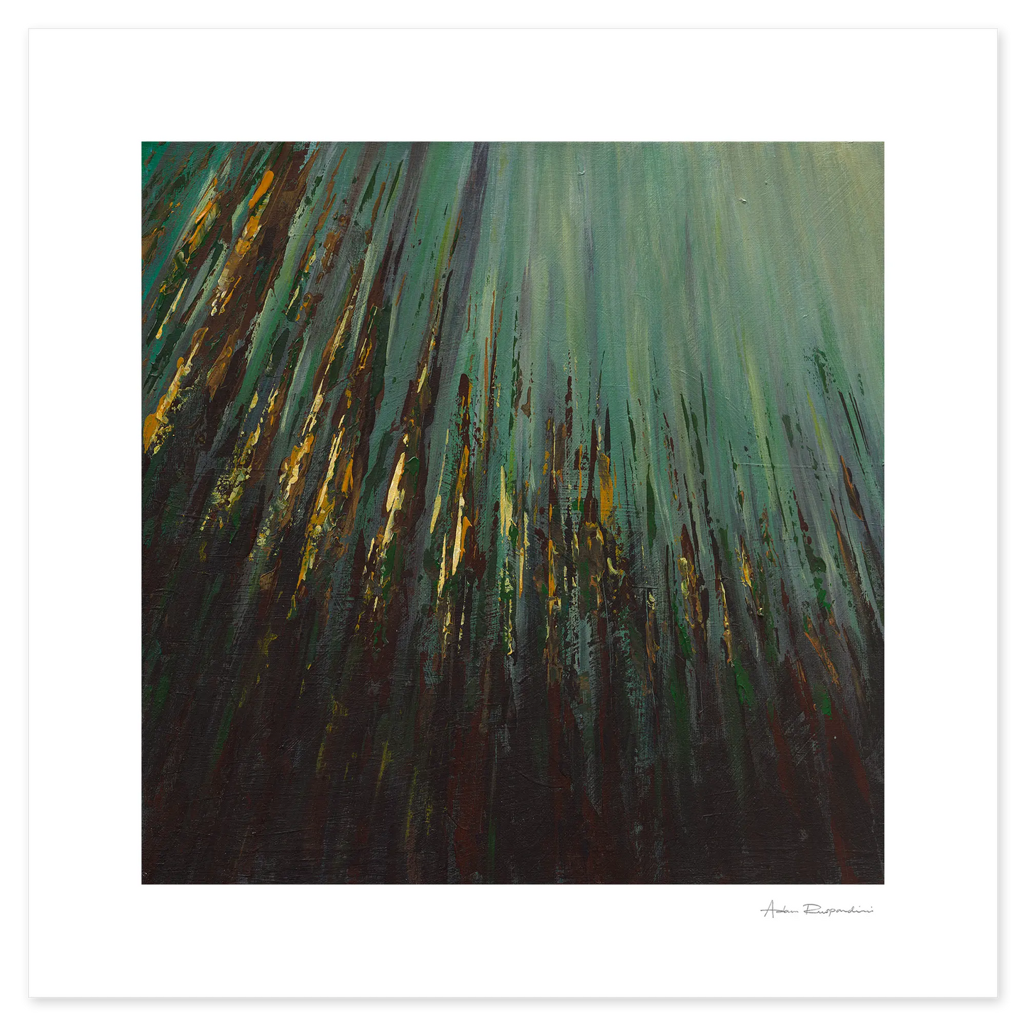 Abstract art print with green, gold, and brown brush strokes on a white background