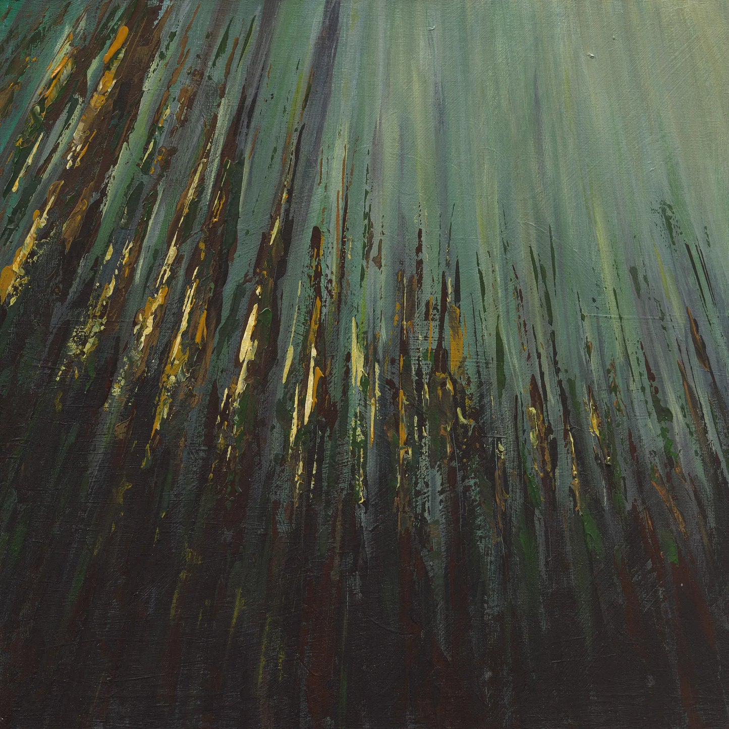 Abstract art with green, brown, and black brush strokes