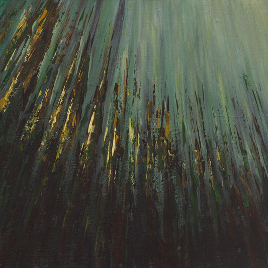 Abstract art with green, brown, and black brush strokes