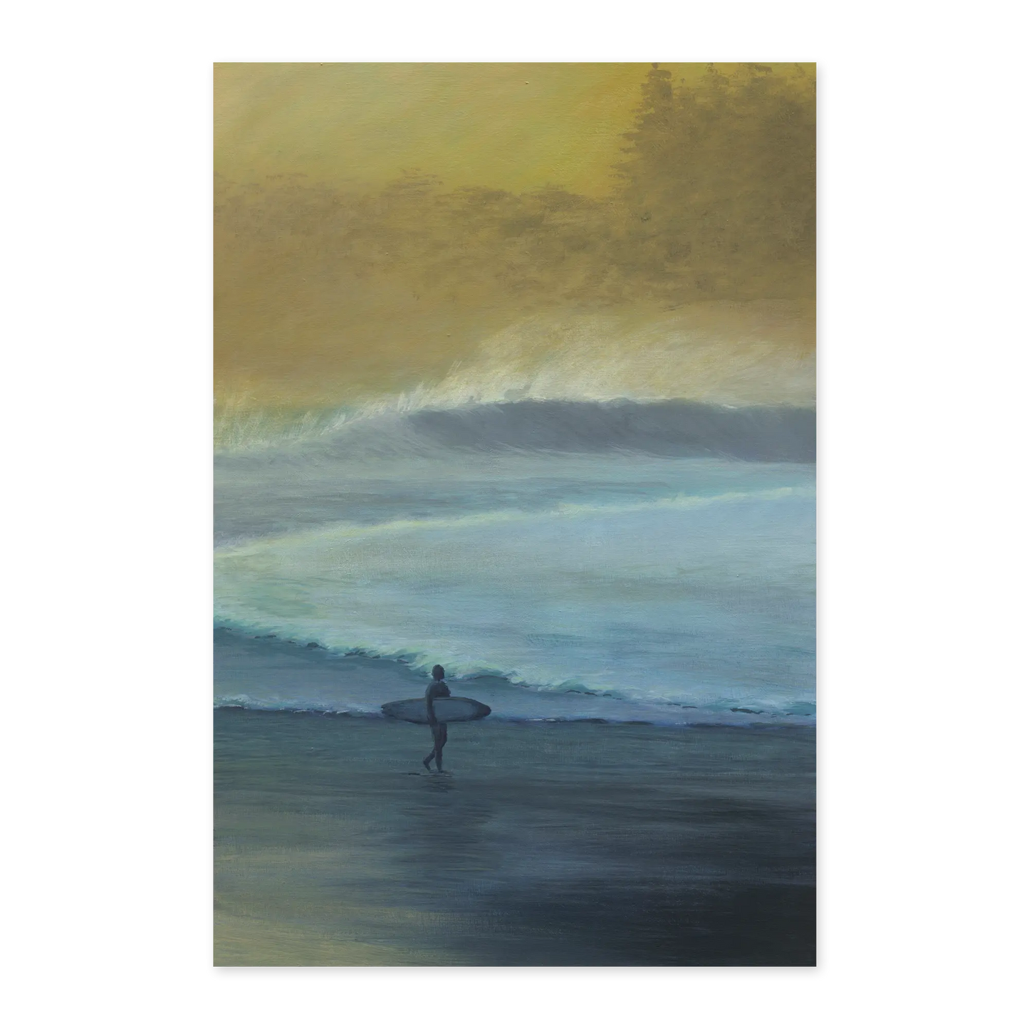 Painting of a surfer walking into the ocean with waves and a sunset in the background.