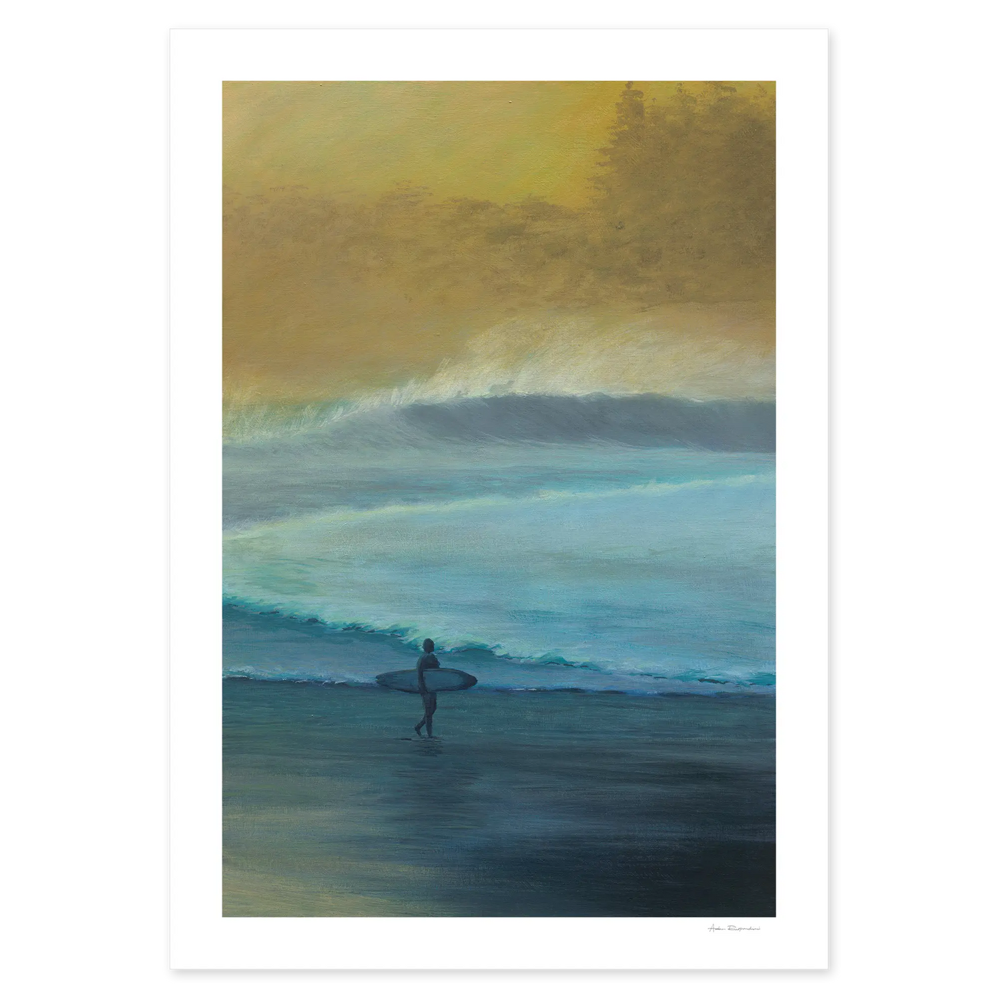 Painting of a surfer walking into the ocean with a sunset in the background