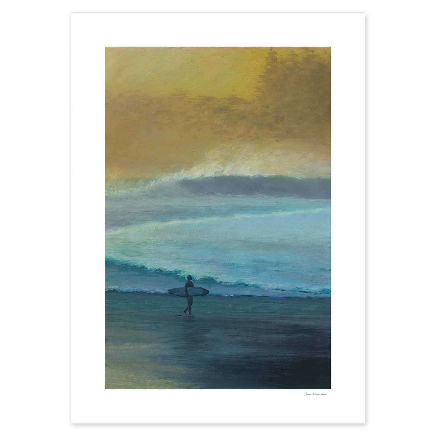 Painting of a surfer in the ocean with a sunset or sunrise in the background