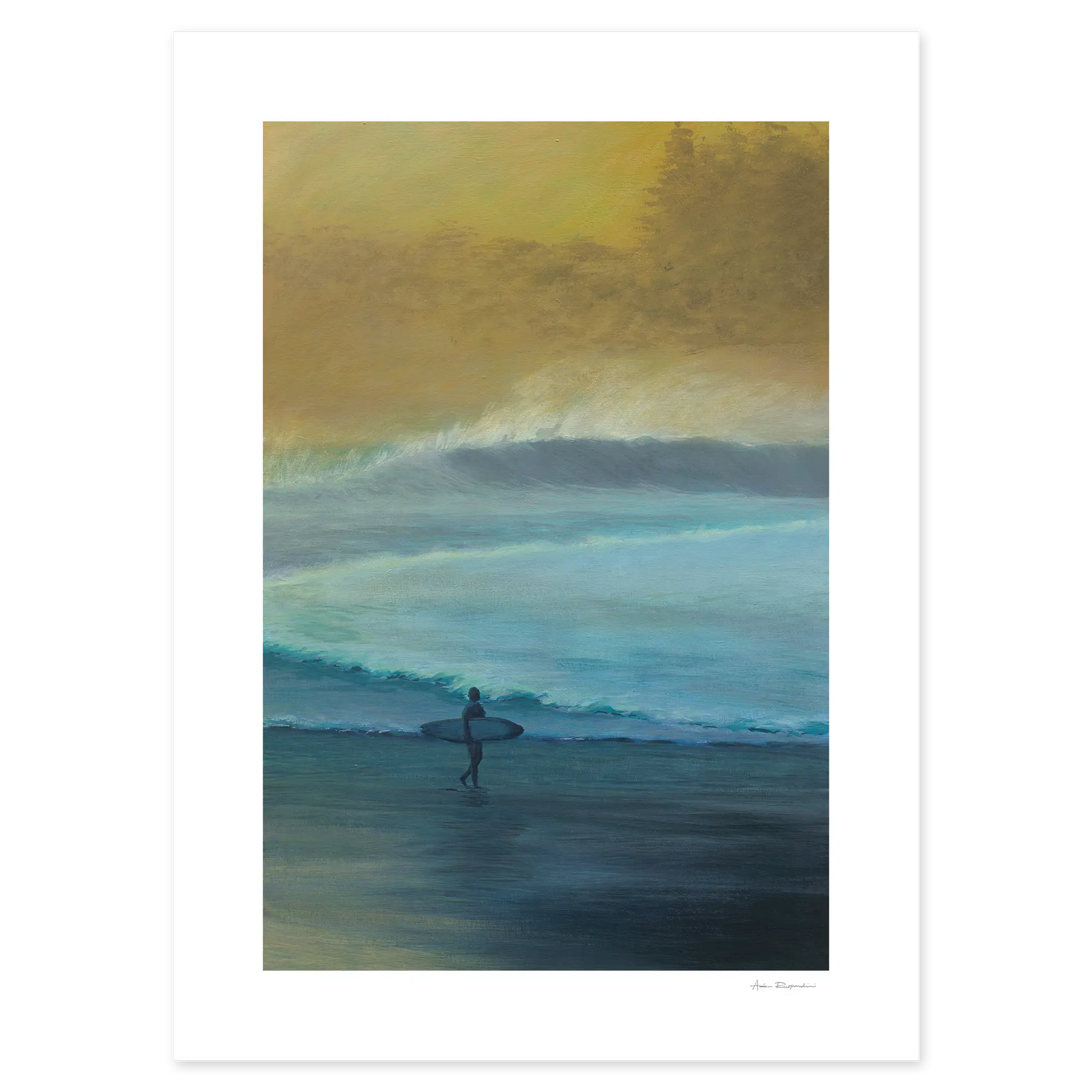 Painting of a surfer in the ocean with a sunset or sunrise in the background