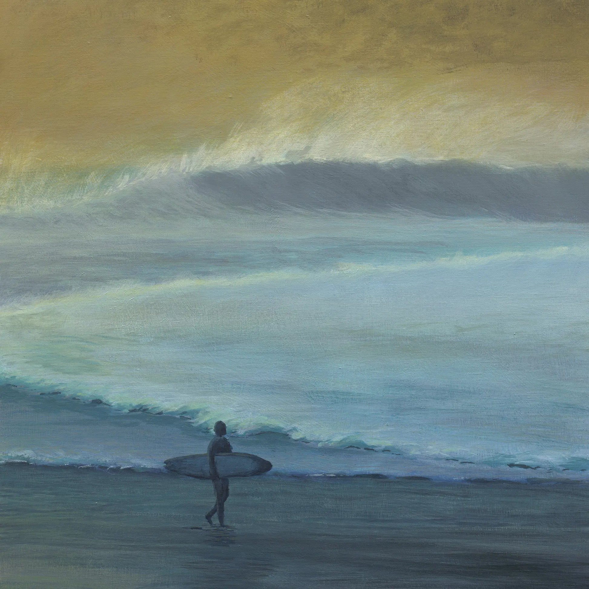 Surfer with a surfboard standing in the ocean waves during sunset.