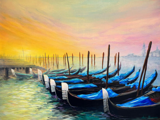 Memories of Venice sunset gondolas water 101x76cm Original - Adam Ruspandini