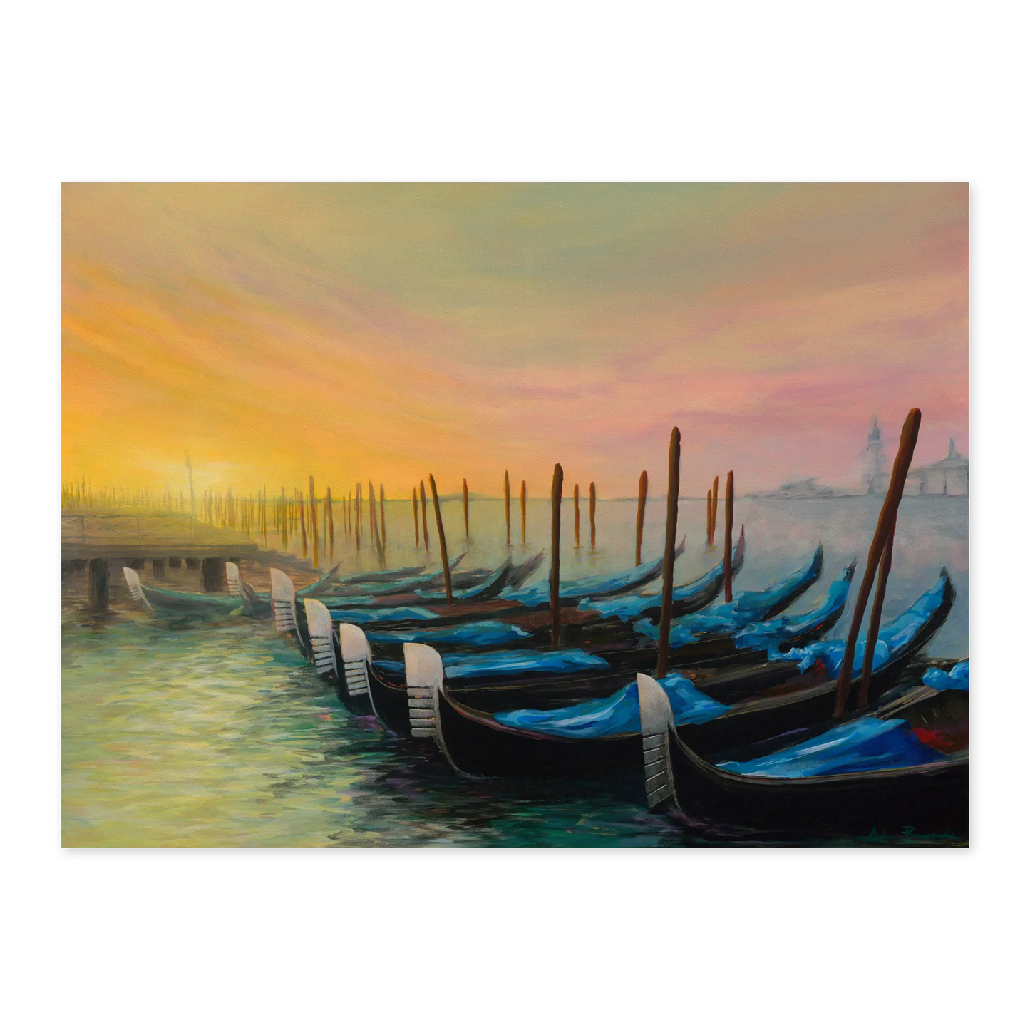 Painting of gondolas docked at a pier with a colorful sunset sky.