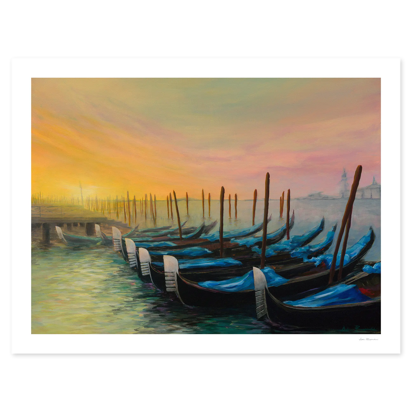Painting of gondolas docked at a pier with a colorful sunset sky.