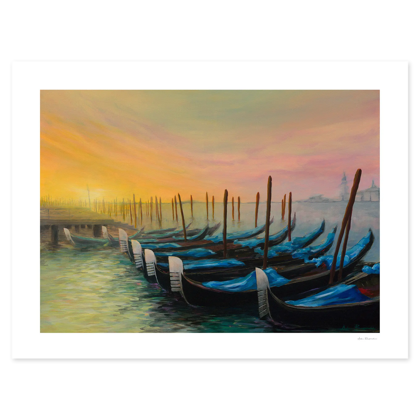 Painting of gondolas docked at a pier with a colorful sunset sky.