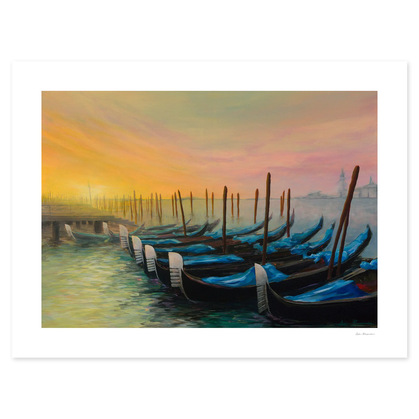 Painting of gondolas docked at a pier with a colorful sunset sky.