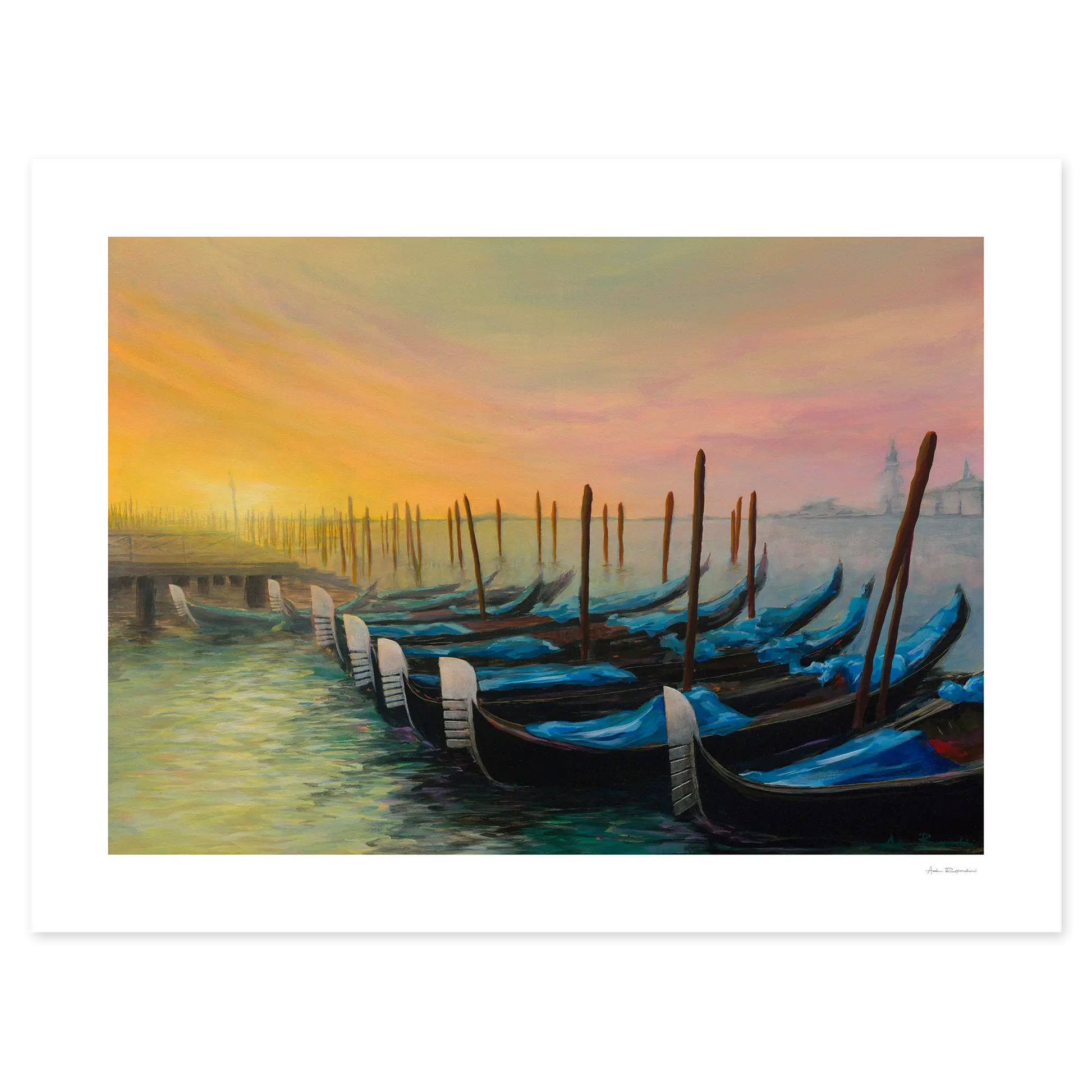 Painting of gondolas docked at a pier with a colorful sunset sky.
