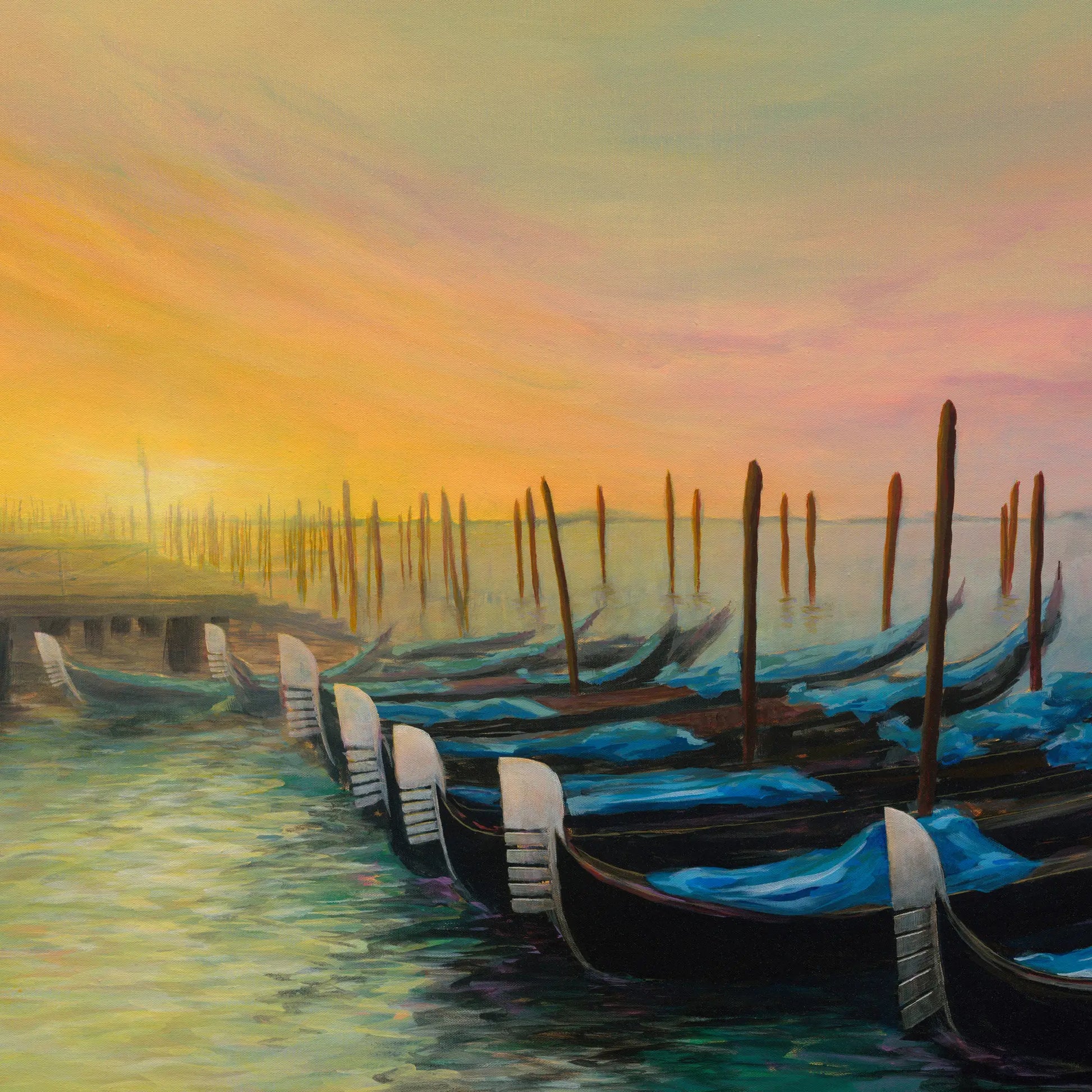 Painting of gondolas docked at a pier with a colorful sunset sky.