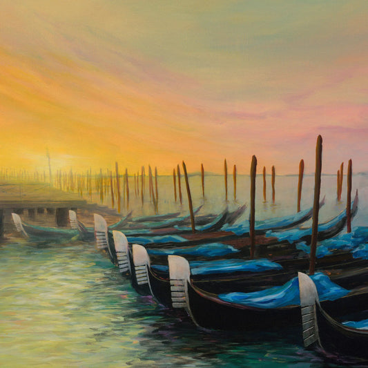 Painting of gondolas docked at a pier with a colorful sunset sky.