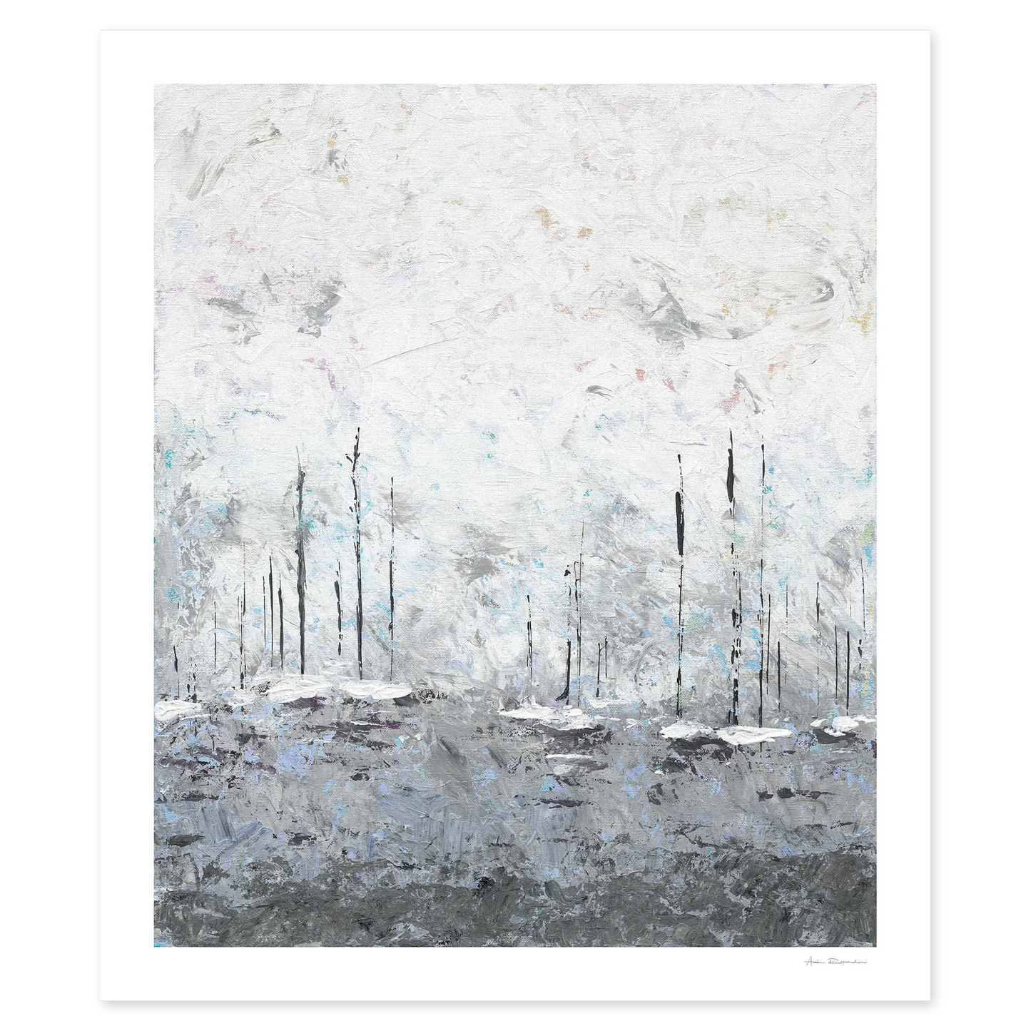 Abstract landscape painting with yachts in misty waters on a white background