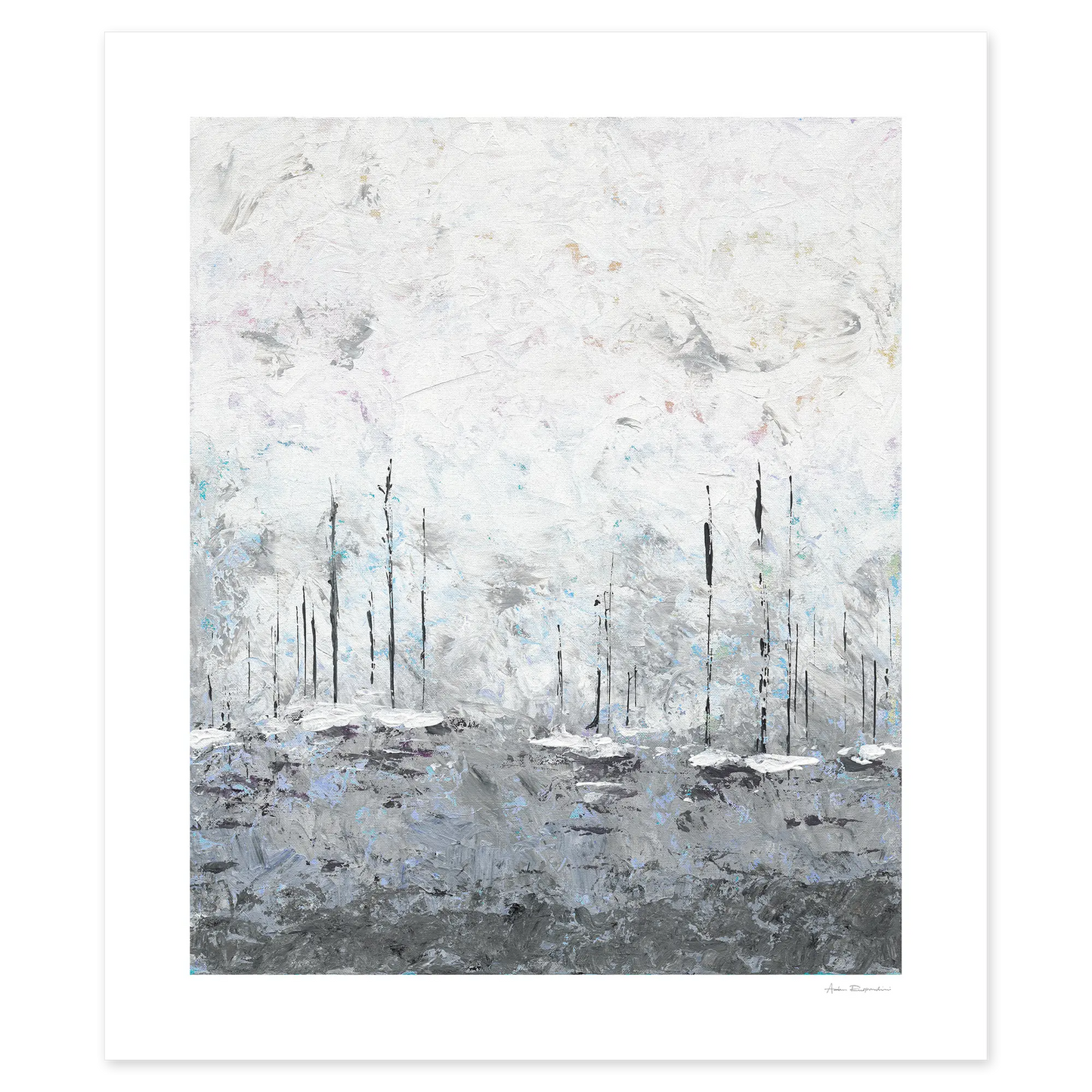 Abstract painting of a misty landscape with yachts