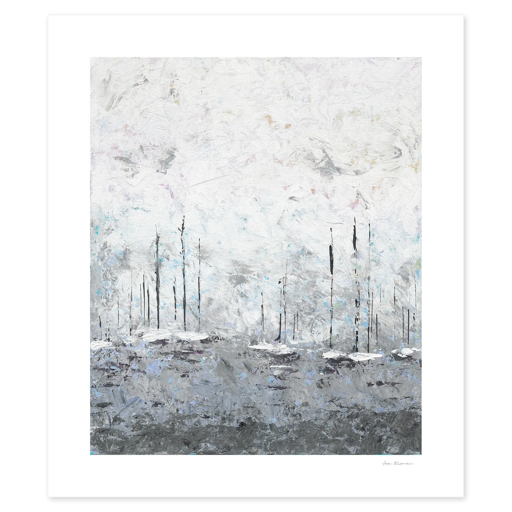 Abstract painting of a misty landscape with yachts