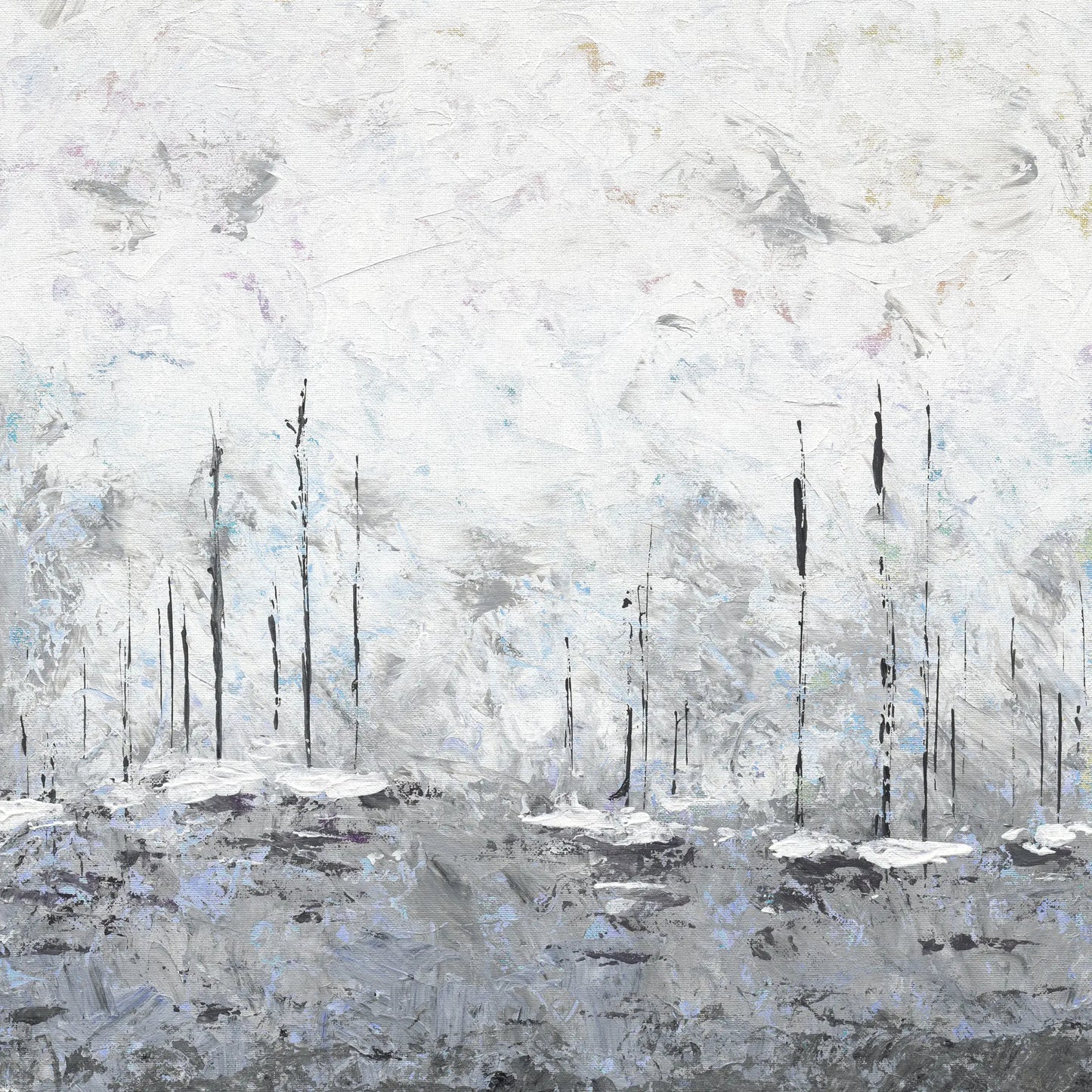 Abstract art of yachts in misty waters with white and gray tones