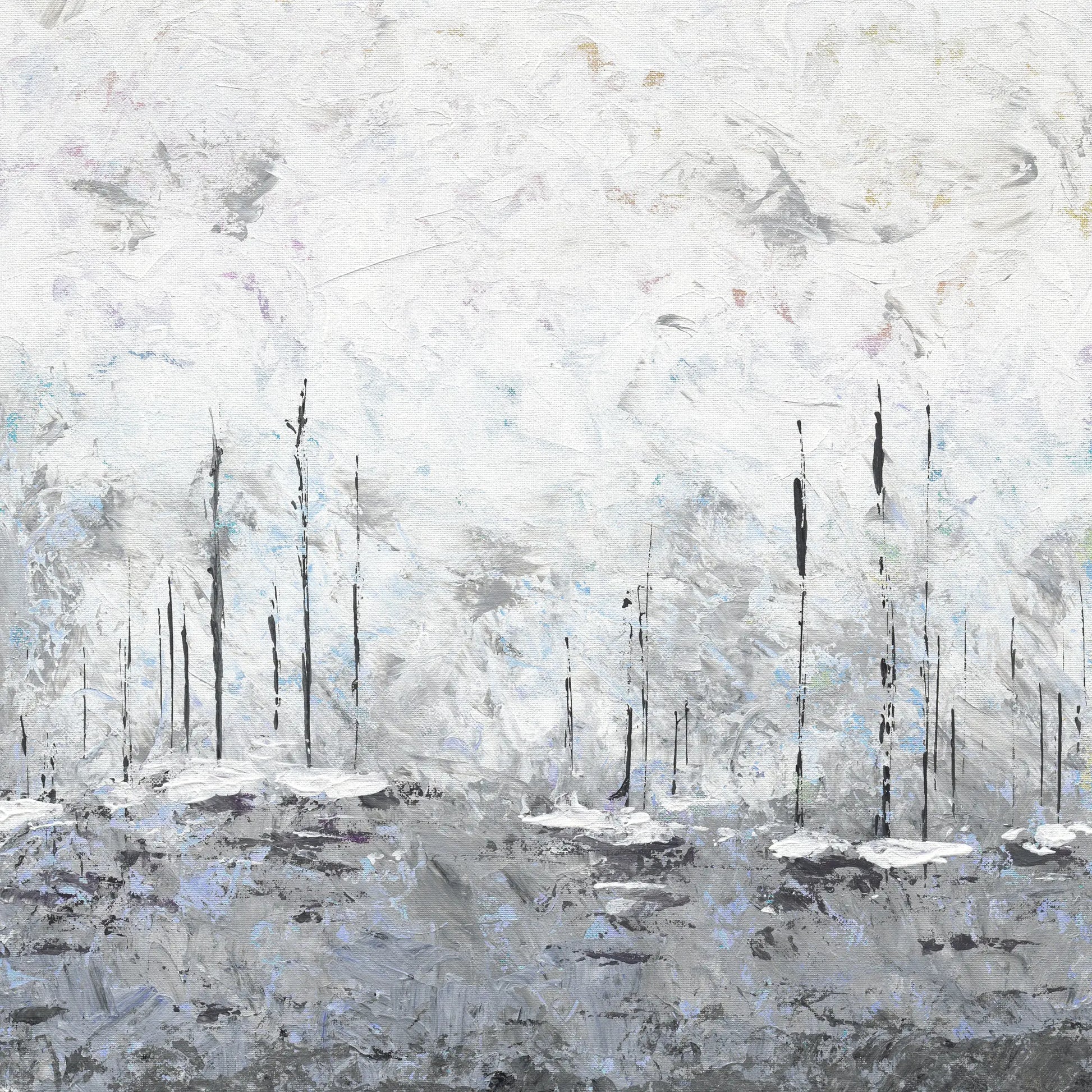 Abstract art of yachts in misty waters with white and gray tones