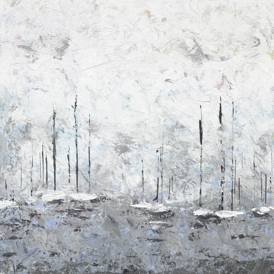 Abstract art of yachts in misty waters with white and gray tones