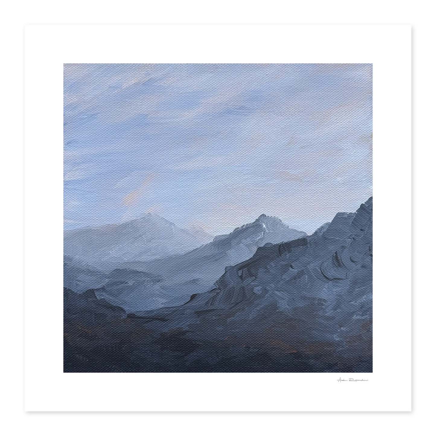 Painting of a mountain landscape with a blue sky.