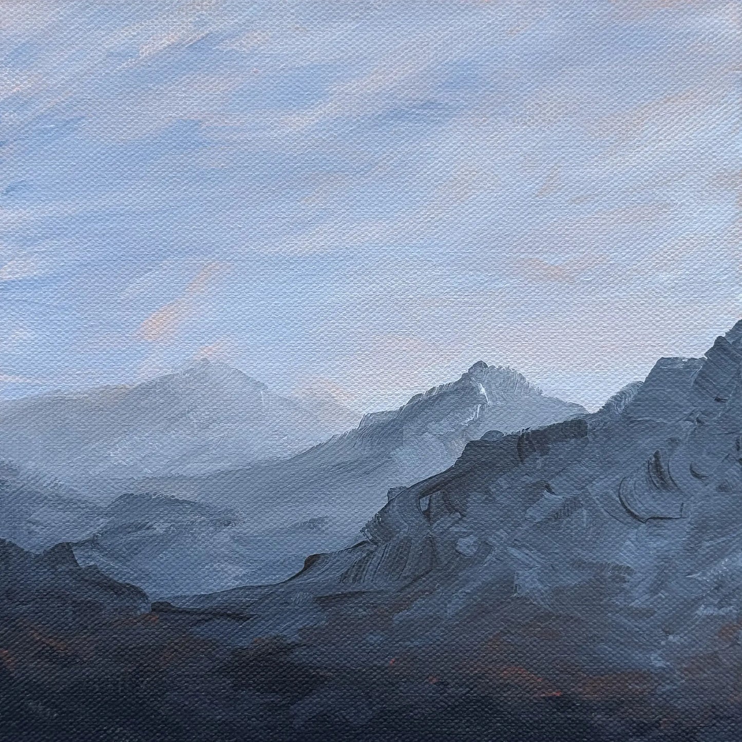 Painting of a mountain landscape with a blue sky
