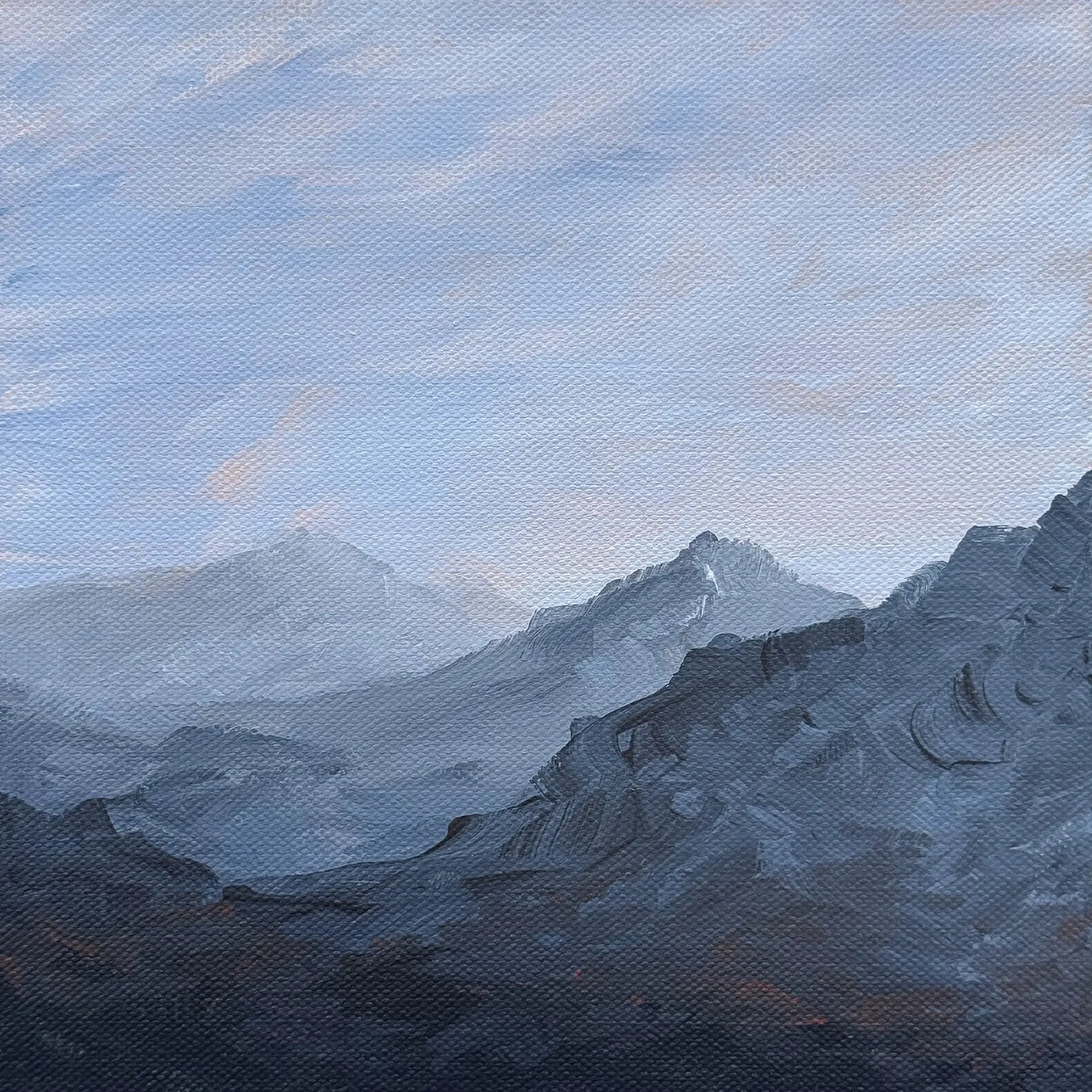 Painting of a mountain landscape with a blue sky