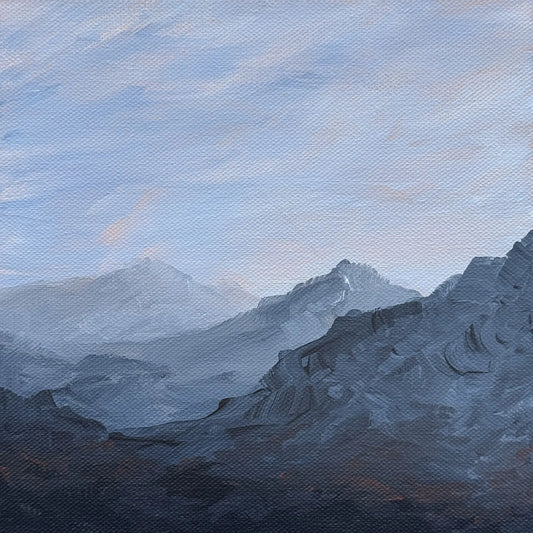 Painting of a mountain landscape with a blue sky