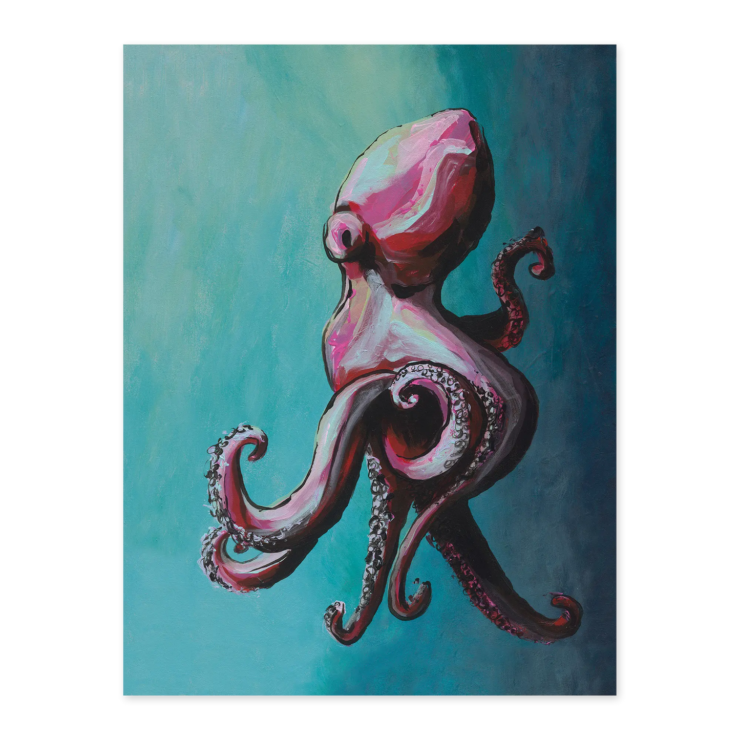 Painting of a pink octopus on a teal background