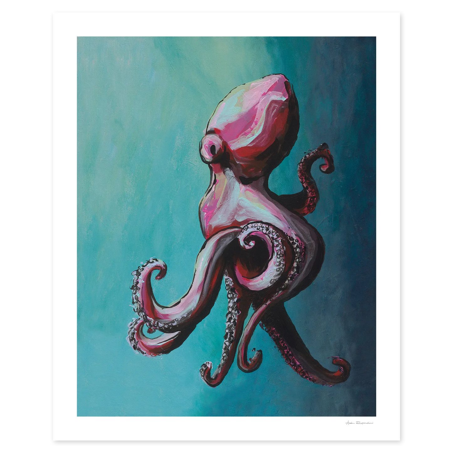 Painting of a pink octopus on a teal background