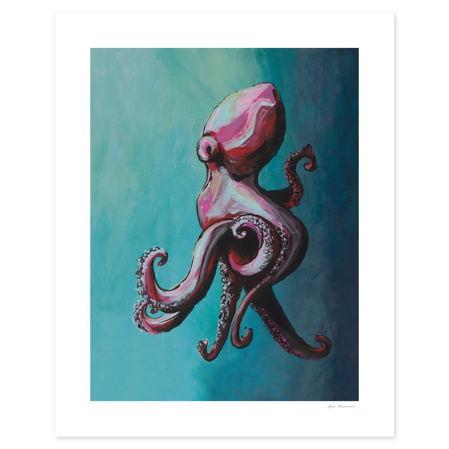 Artistic depiction of an octopus on a teal background