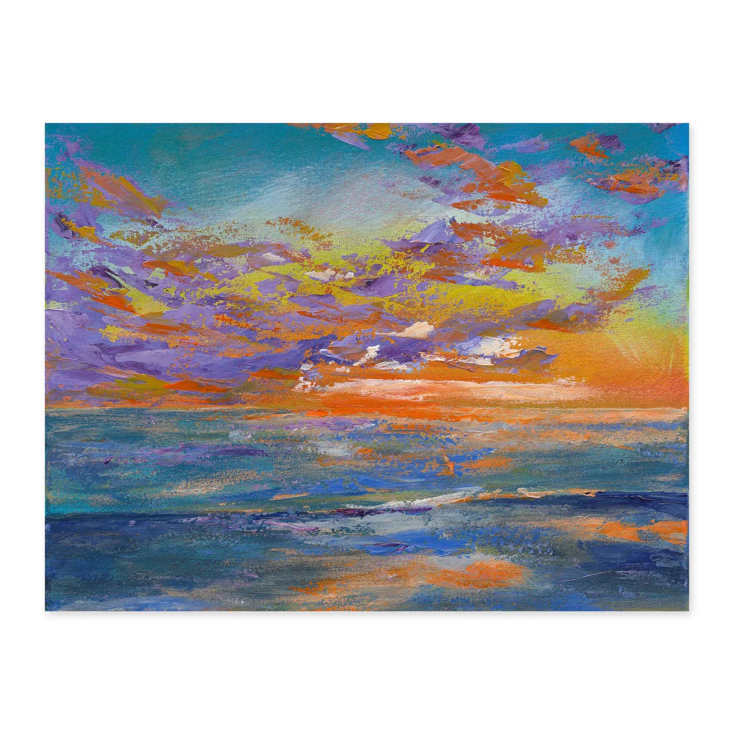 Colorful abstract painting of a sunset with blue, orange, and purple hues.