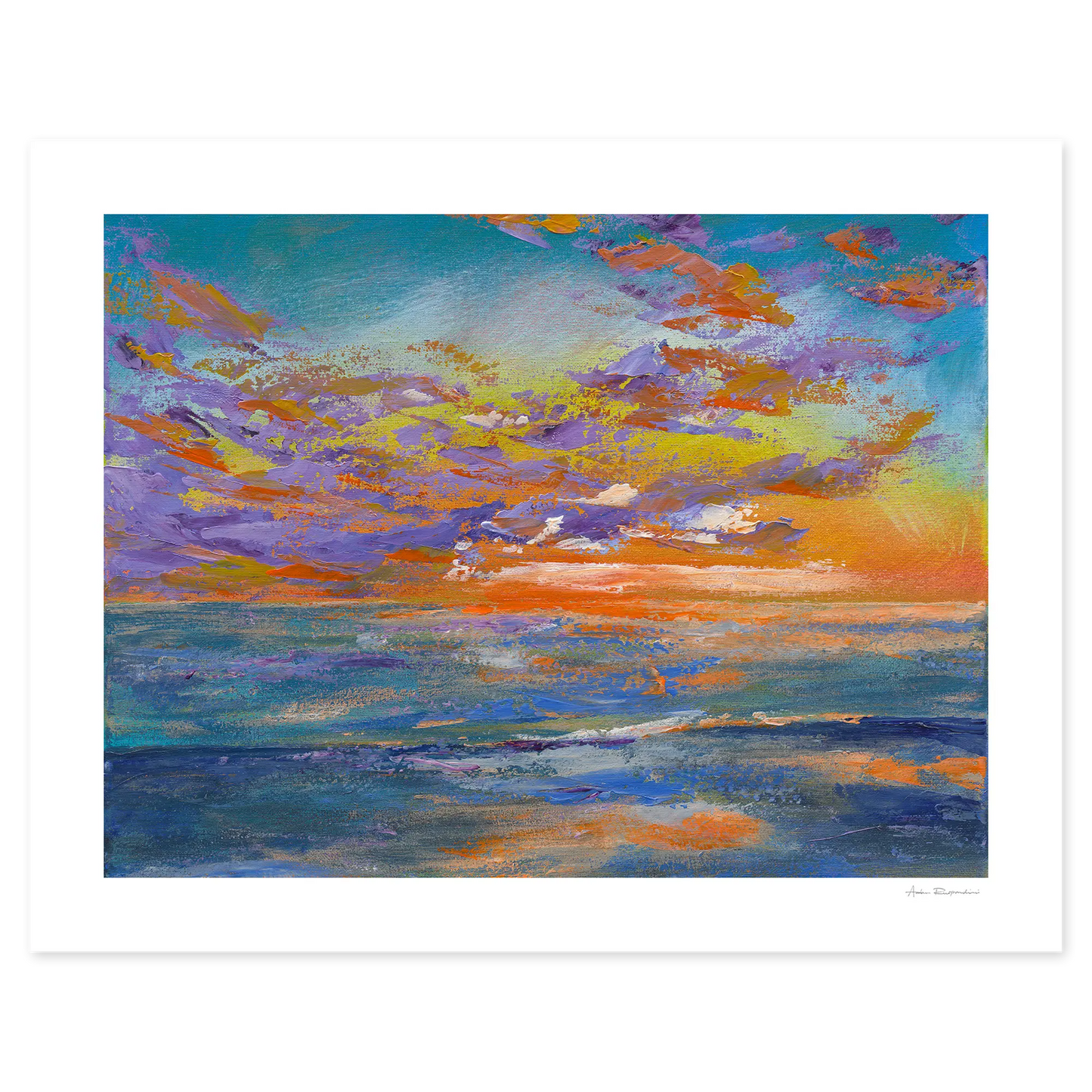 Colorful abstract painting of a sunset with blue, orange, and purple hues.