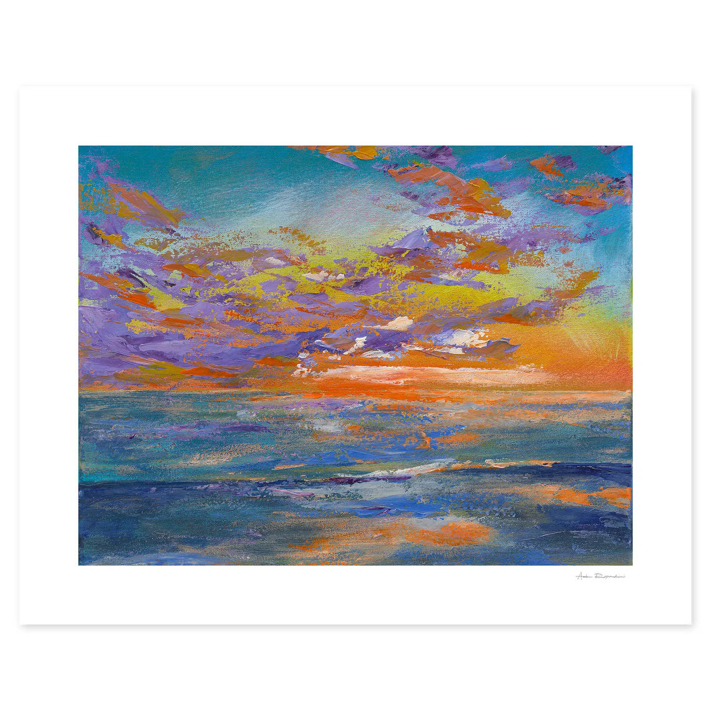 Colorful abstract painting of a sunset with blue, orange, and purple hues.