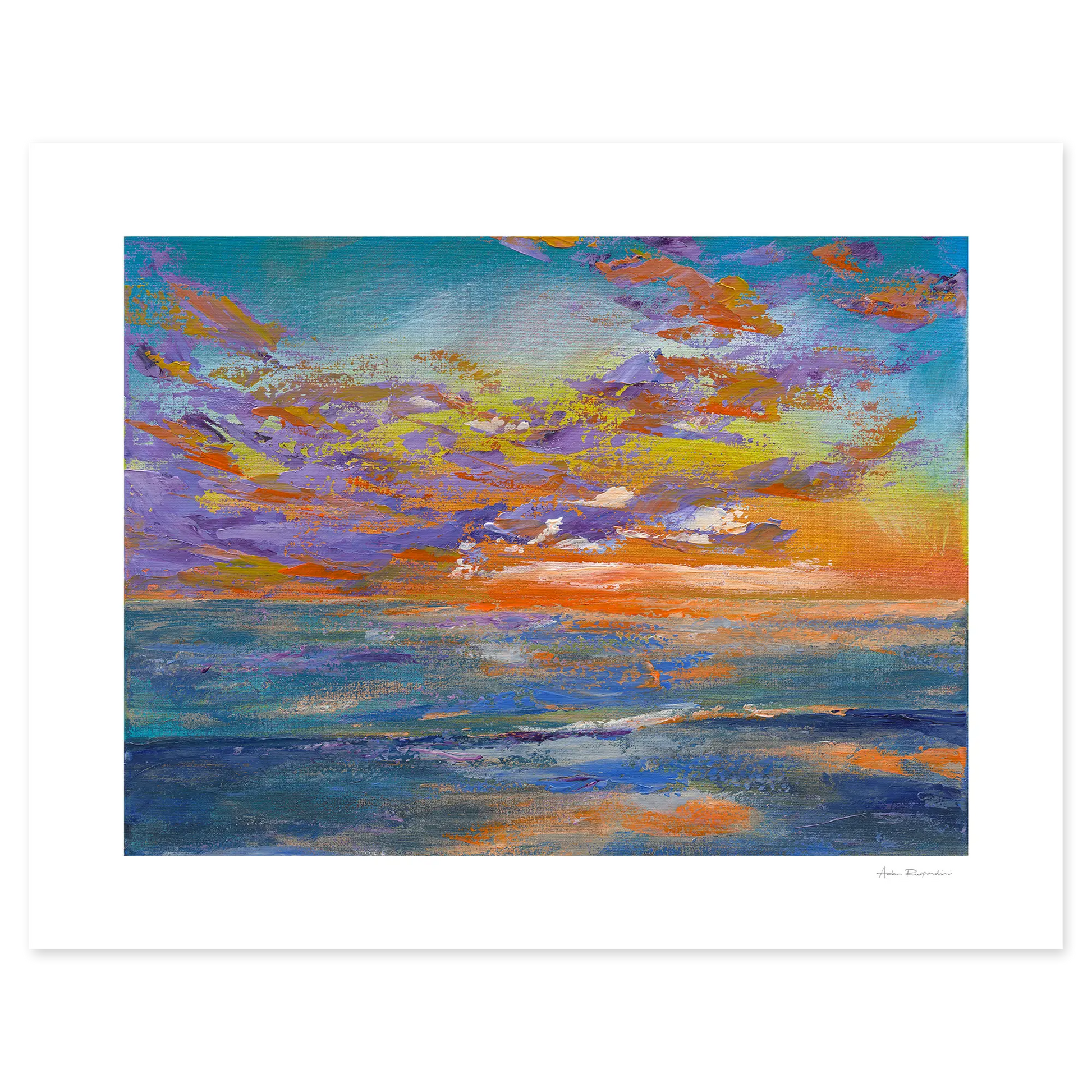 Colorful abstract painting of a sunset with blue, orange, and purple hues.