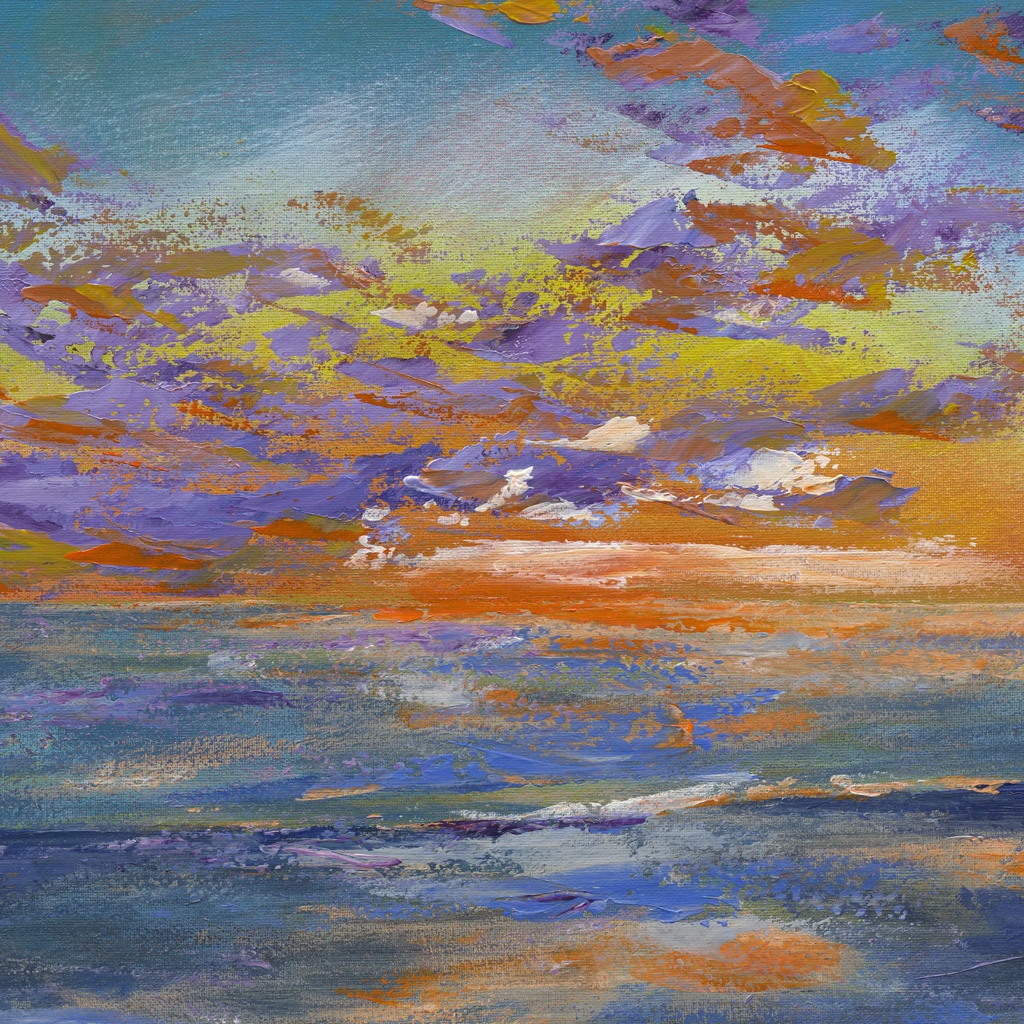 Colorful abstract painting of a sunset over water