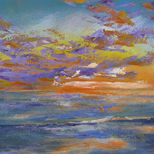 Colorful abstract painting of a sunset over water