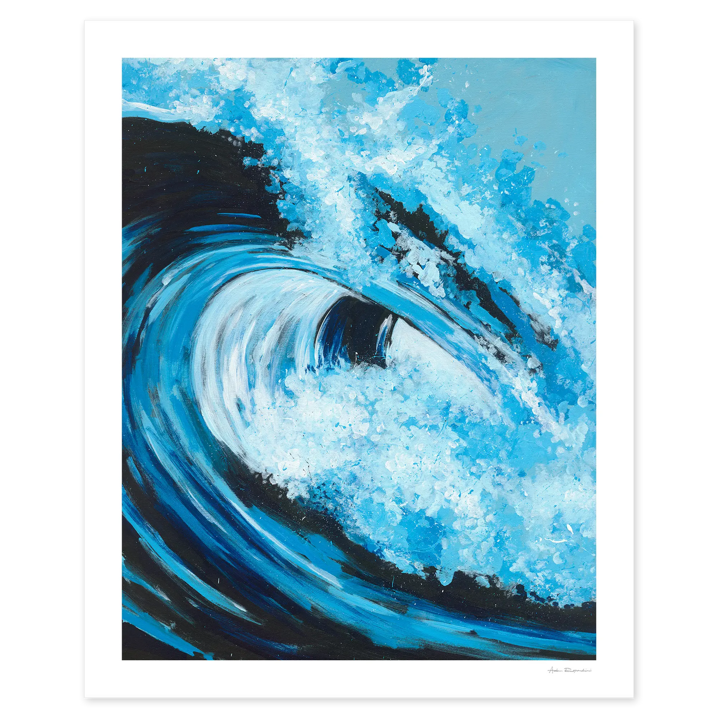 Artistic depiction of a swirling blue wave with white foam on a white background