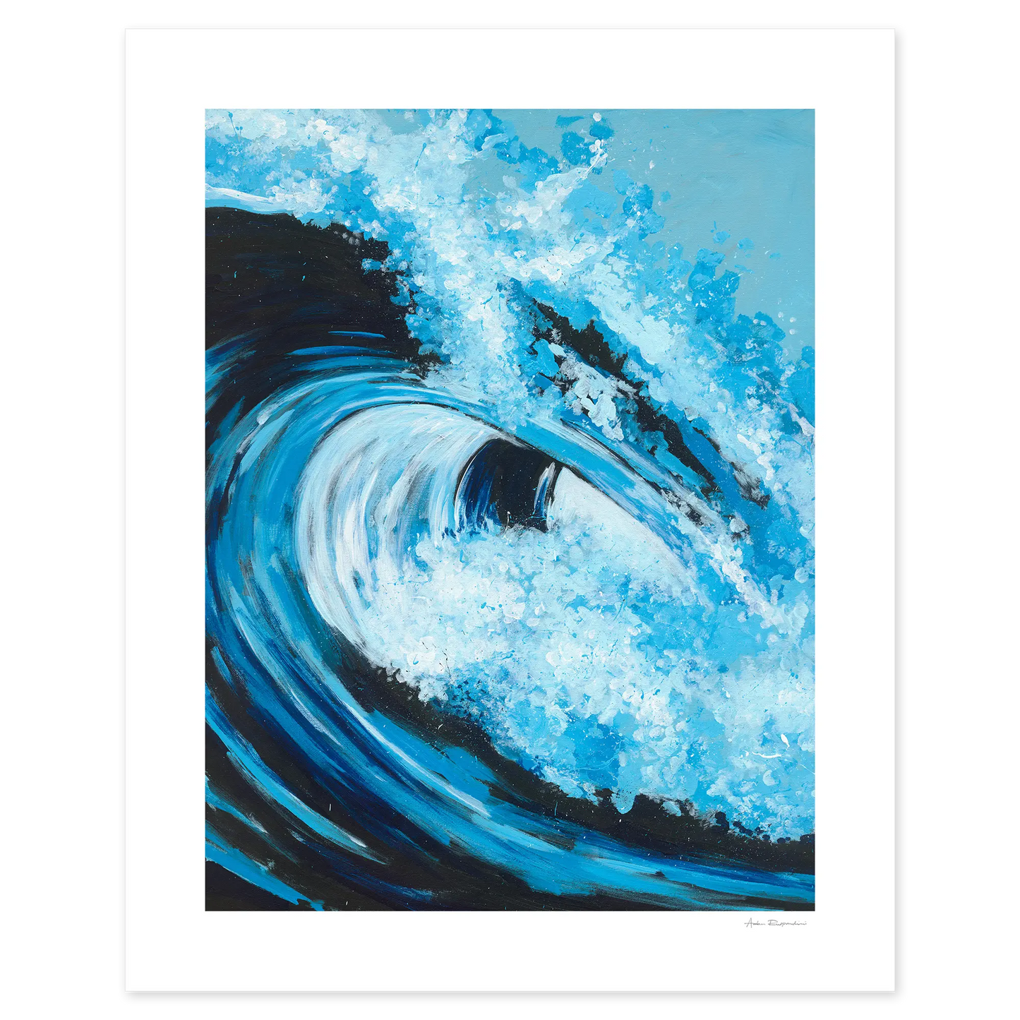 Artistic depiction of a blue wave with white foam on a white background
