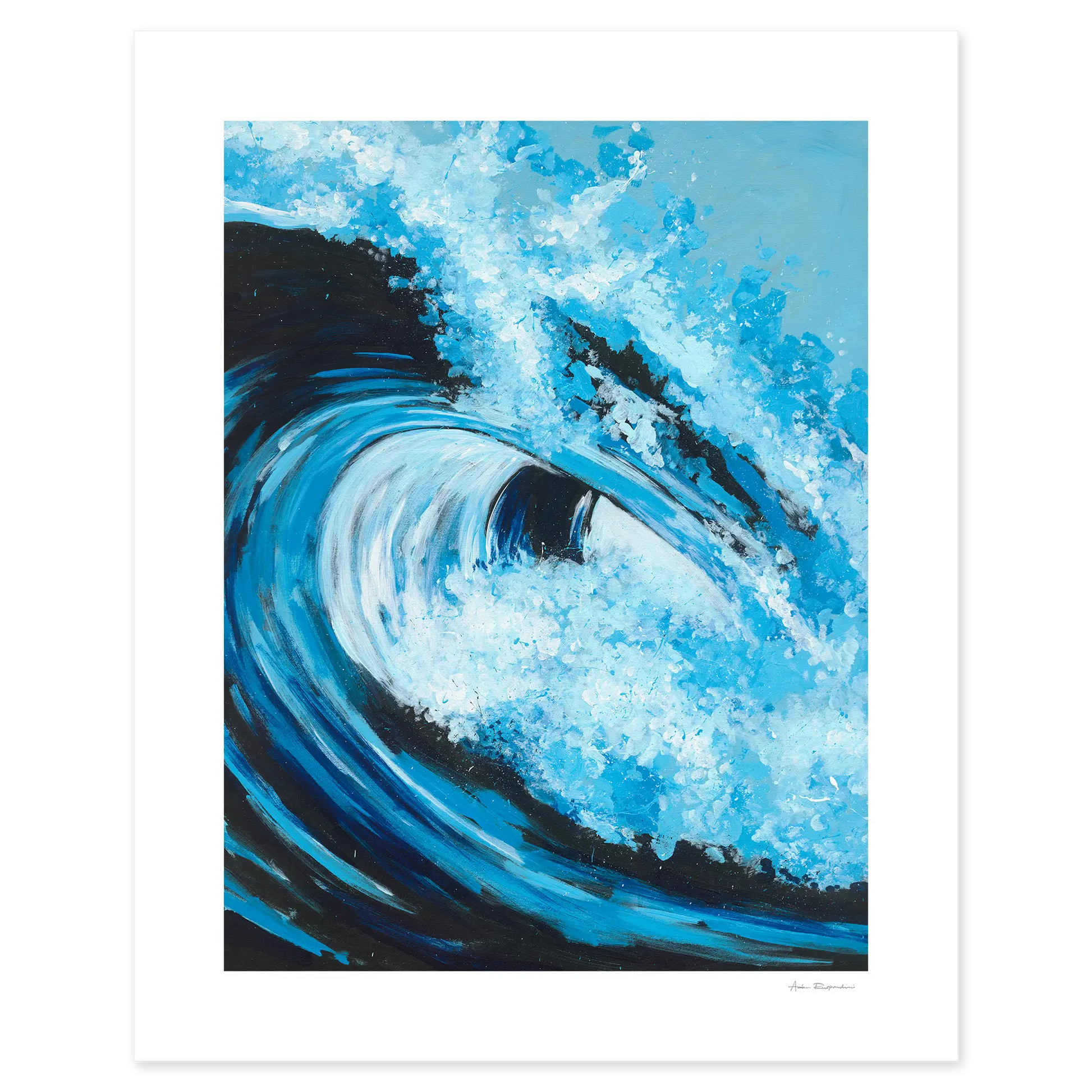 Artistic depiction of a blue wave with white foam on a white background