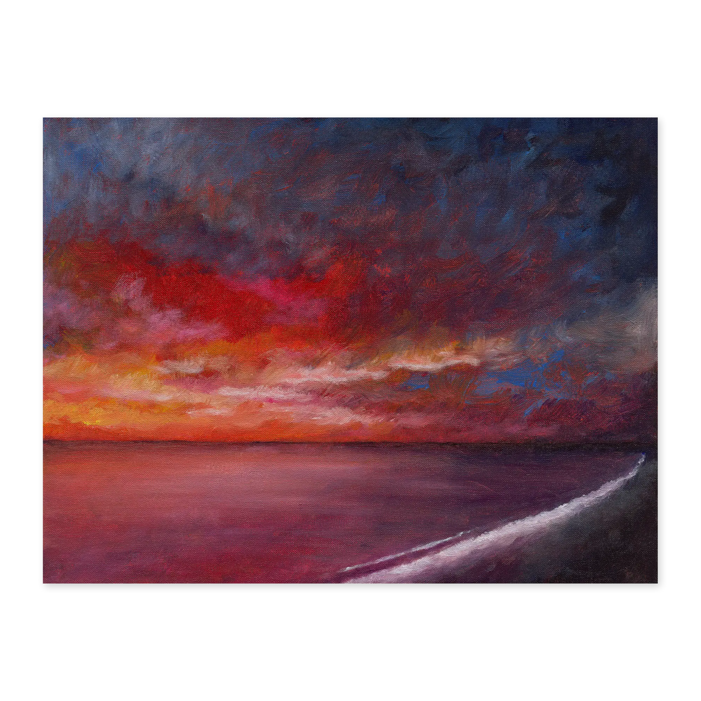 Painting of a sunset over water with vibrant colors