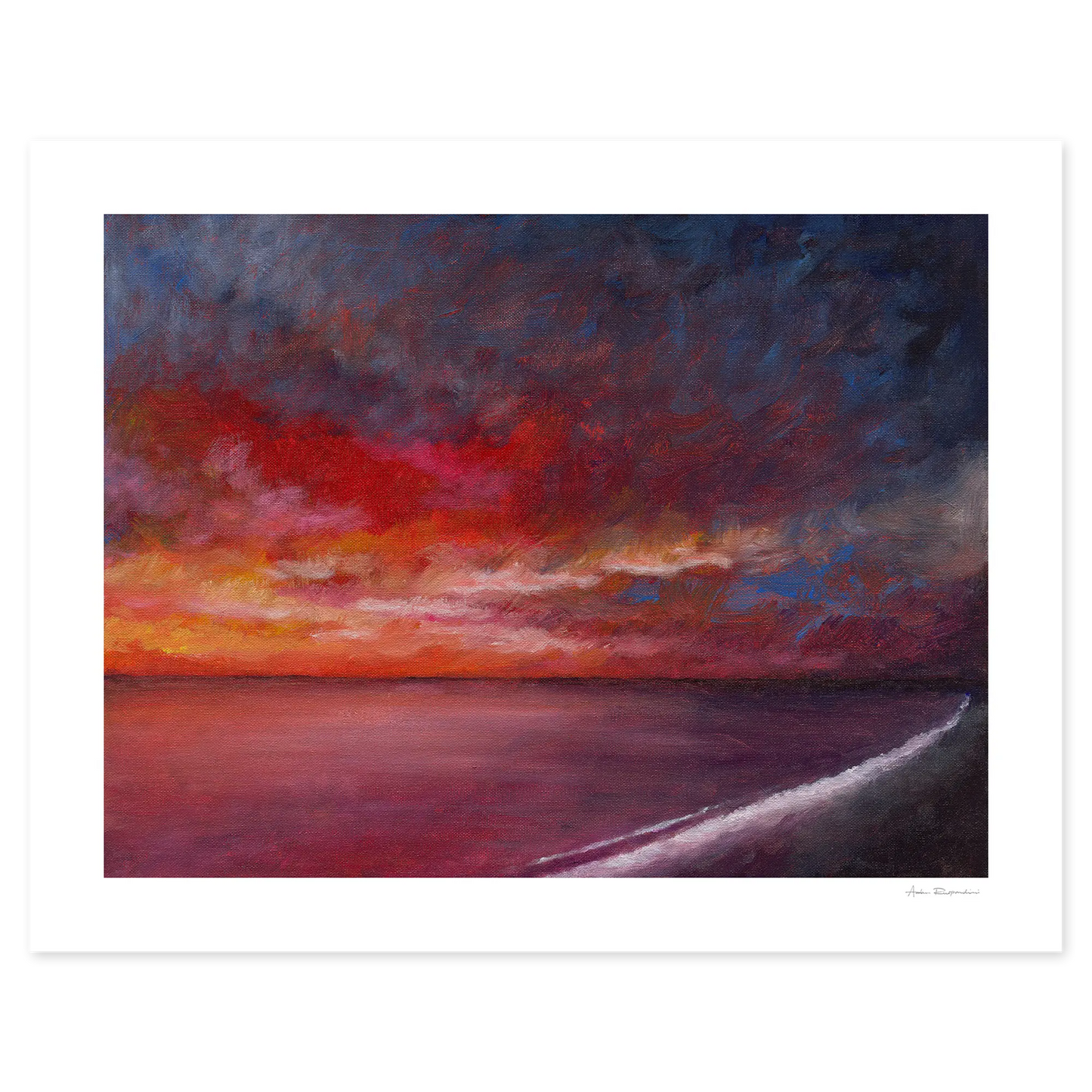 Painting of a dramatic sunset over water with vibrant colors.